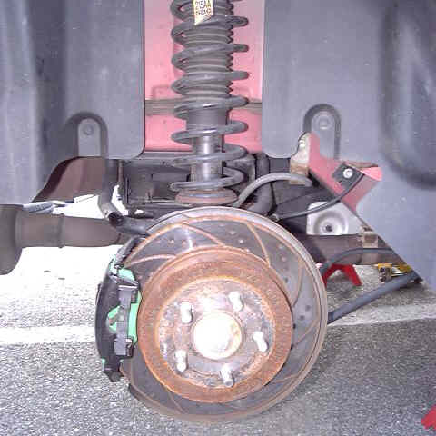 Right Rear Disc Brake Assembly, Showing EBC Rotor and Greenstuff Pad
